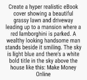 Hyper-realistic eBook cover with mansion, red Lamborghini, man, lawn, driveway, and title "Make Money Online."