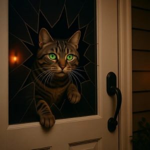 Cat with green eyes peering through a broken glass door at night.