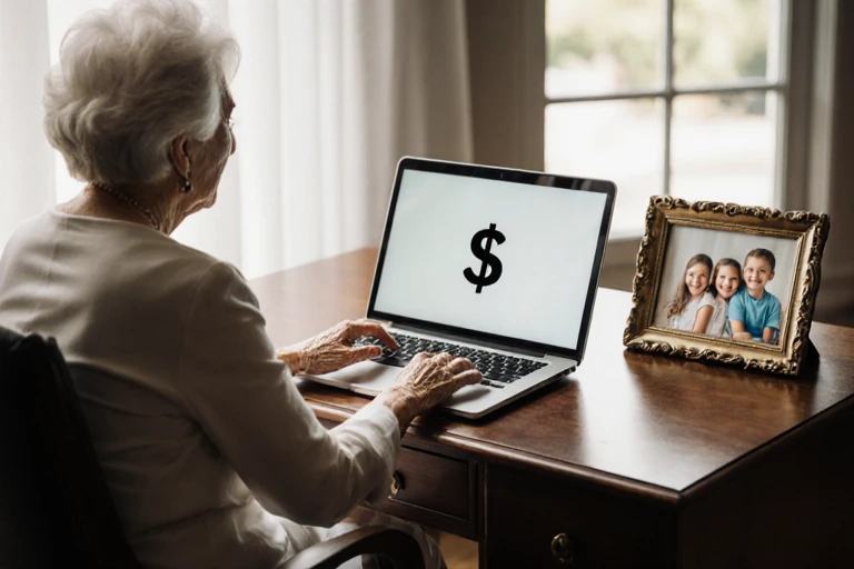 Elderly woman using laptop with dollar sign, family photo nearby.