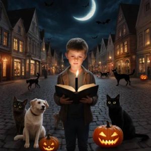 Boy with candlelit book among Halloween pumpkins and pets on cobblestone street.