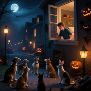 Boy peers out window at dogs and rabbit with jack-o'-lanterns on street.