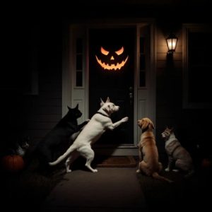 "Four pets—two dogs and two cats—are gathered outside a house with a jack-o'-lantern door decoration."