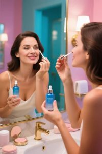 Woman applying skincare products at a pink-themed bathroom sink.