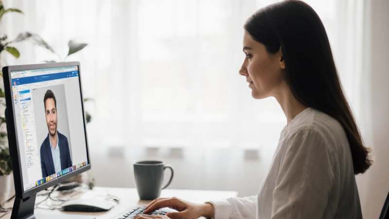 Woman working at desk with computer displaying video call.