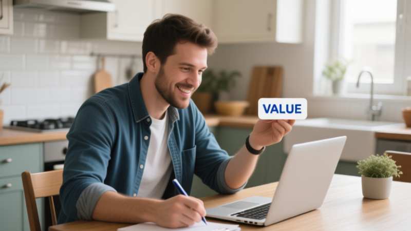 Man holding "VALUE" sign while working on laptop at kitchen table.