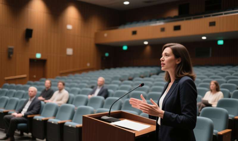 Speaker at podium addressing an audience in a lecture hall.