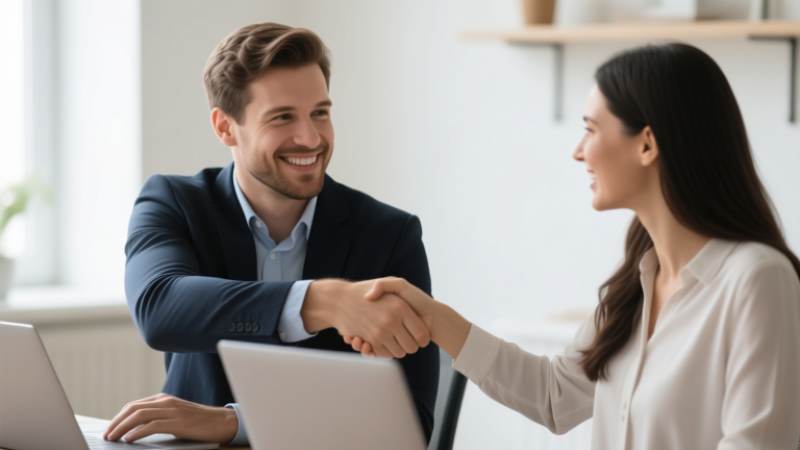 Business handshake between man and woman across desk with laptops.