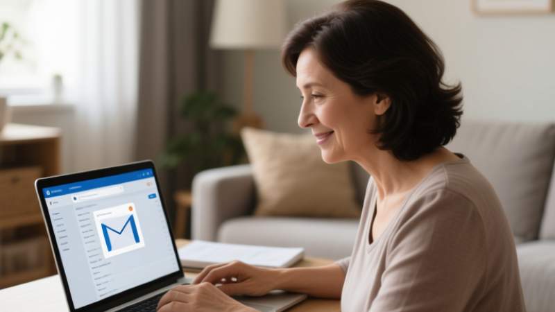Woman using laptop with email interface on screen, seated at table in cozy room.