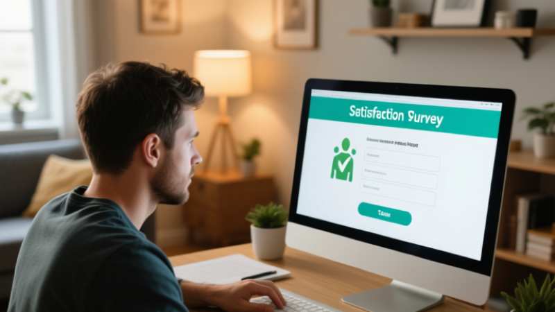 Man filling out satisfaction survey on computer at home.