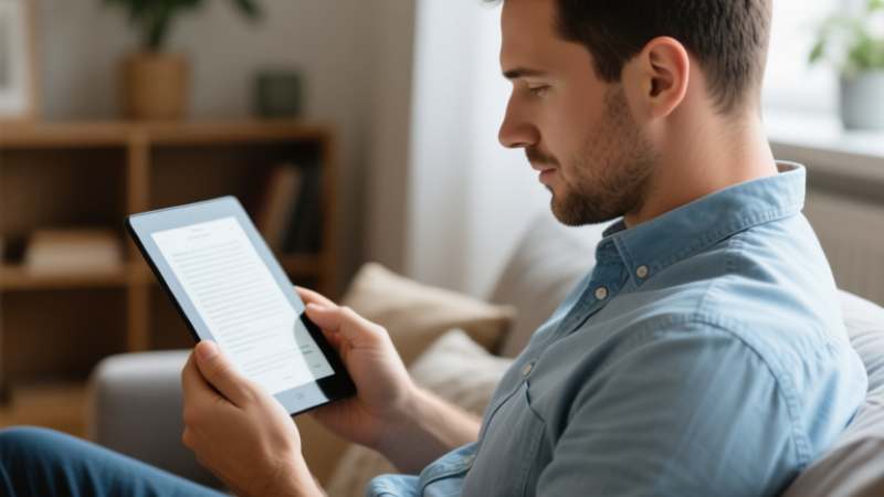 Man reading on tablet while sitting on couch.