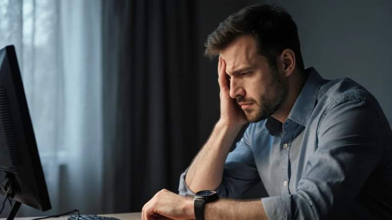 Man at desk with computer, appears stressed or deep in thought.