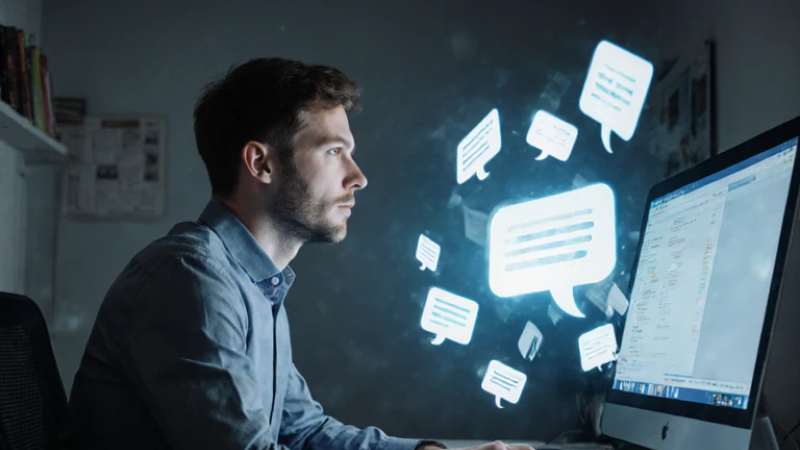 Man working at computer with speech bubbles floating around.