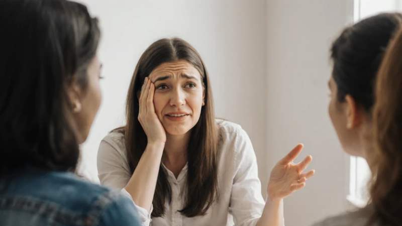 Three women engaged in an intense conversation; one appears distressed.