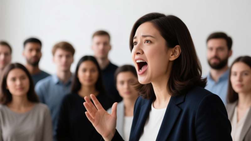 A woman speaks passionately to an attentive audience.