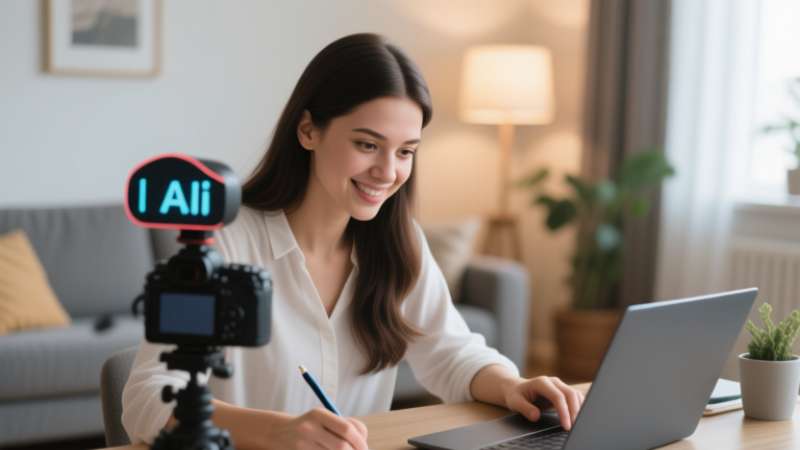 Woman recording video with camera labeled "I Ali" while using laptop.