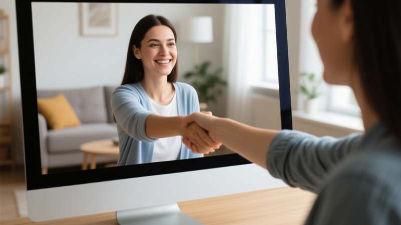 Two people shaking hands via video call in a cozy living room setting.