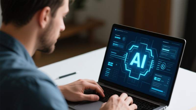 Man working on laptop with "AI" screen display.