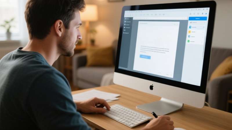 Man working on an Apple computer at home.