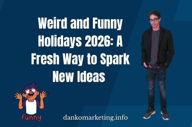 "2026 Weird & Funny Holidays: Fresh Ideas" with cartoon and website link.