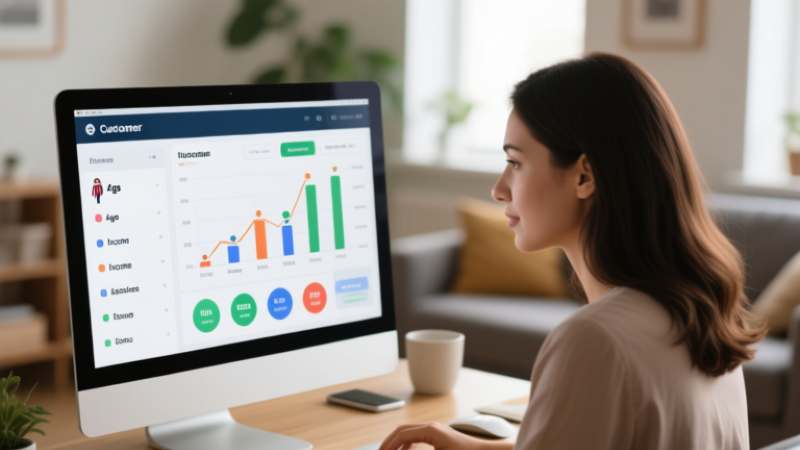 Woman analyzing financial data on a computer screen with charts and graphs.