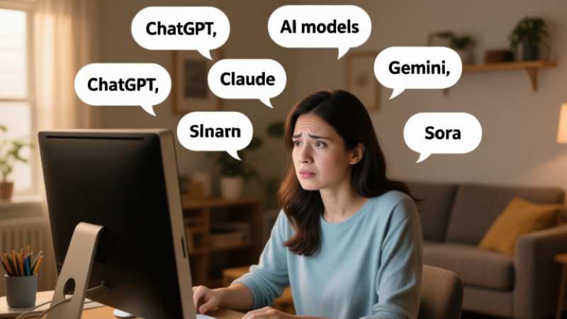 A woman at her computer surrounded by speech bubbles from various AI models like ChatGPT and Claude.