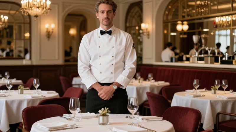 Chef in elegant restaurant with pristine tables and wine glasses.
