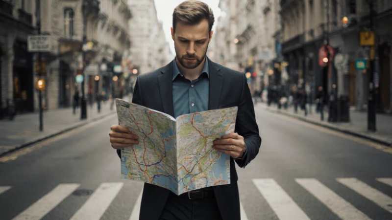 Man in suit reading map on city street.