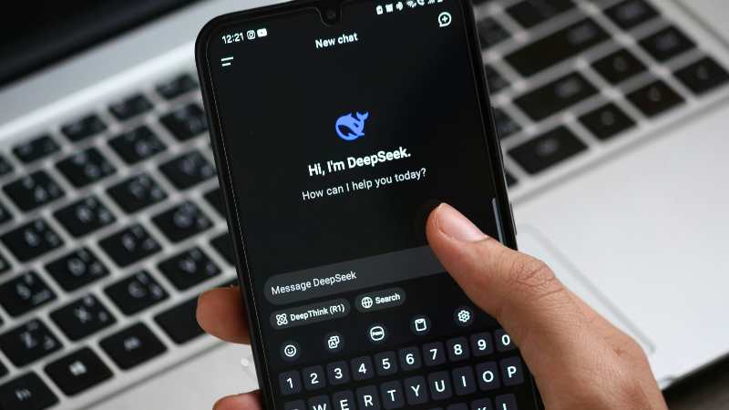Person interacting with DeepSeek chatbot on smartphone.