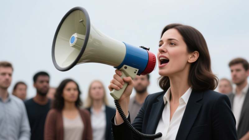 A woman using a megaphone to address a crowd.