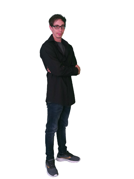 Man in black jacket and jeans with crossed arms.
