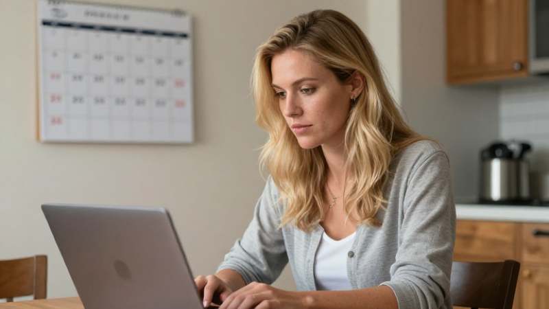 Woman working on laptop at home kitchen table.