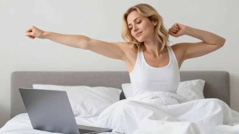Woman stretching in bed with laptop nearby.