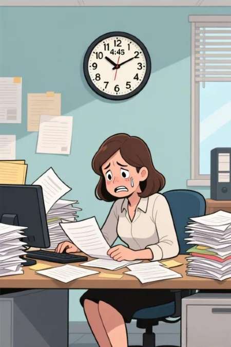 Stressed woman at desk with piles of papers, clock showing 4:45.
