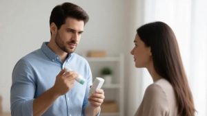 Man showing product to woman indoors.