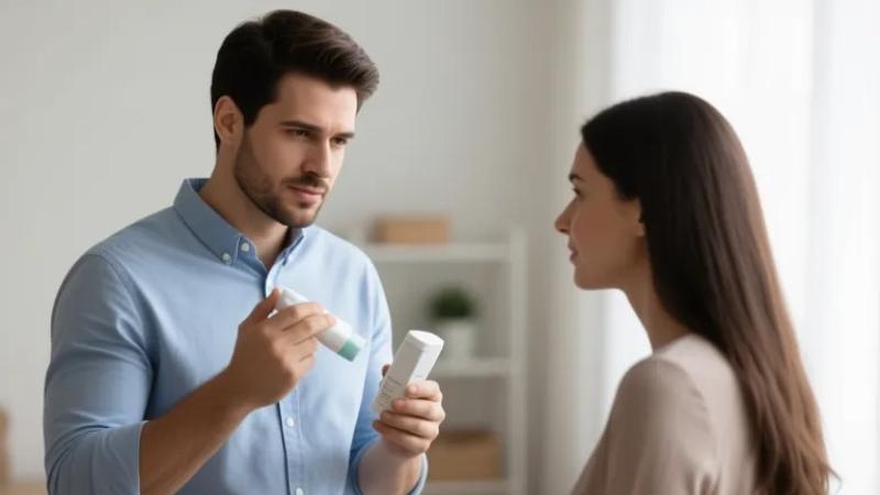 Man showing product to woman indoors.