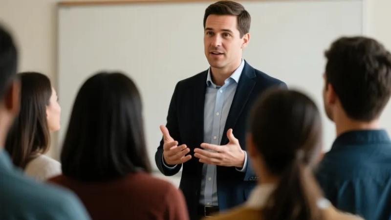 Man presenting to attentive audience in classroom setting.