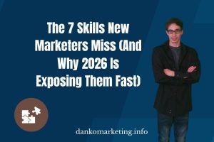 Image features a person with arms crossed, alongside text discussing essential skills for new marketers and trends for 2026.