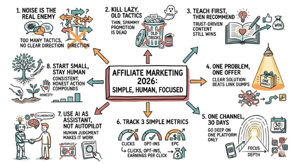 Illustration outlining key strategies for affiliate marketing in 2026, emphasizing simplicity, focus, human connection, and effective metrics.