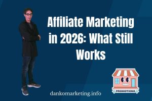 A person stands confidently with arms crossed, alongside text about affiliate marketing trends for 2026, against a blue background.