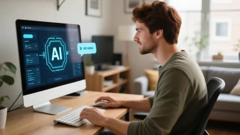 A person uses a computer in a cozy home office, interacting with an AI interface on the screen. Green plants and warm decor are visible.