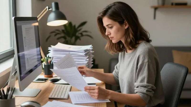 A person reviews documents at a wooden desk with a computer, surrounded by stacks of papers and a lamp, in a cozy indoor setting.