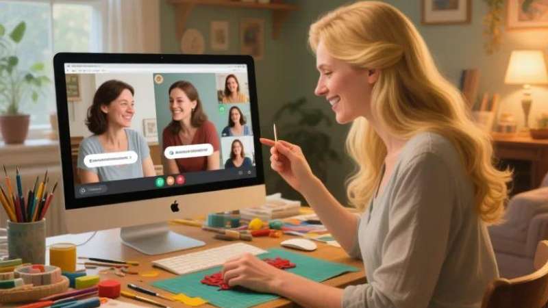 A person gestures while participating in a video call on a computer, surrounded by crafting supplies on a desk.