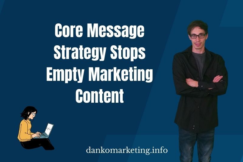 A person stands confidently alongside a graphic, promoting a message about effective marketing strategies and avoiding empty content.