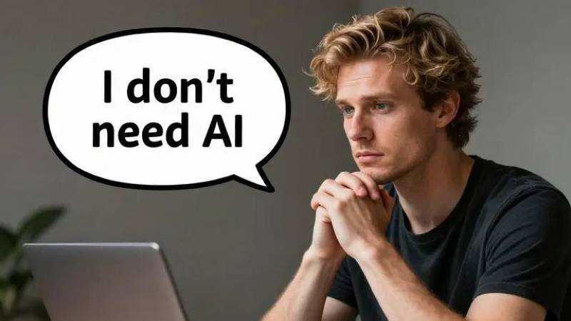A young person sits in front of a laptop, expressing their opinion with a speech bubble saying, "I don't need AI."