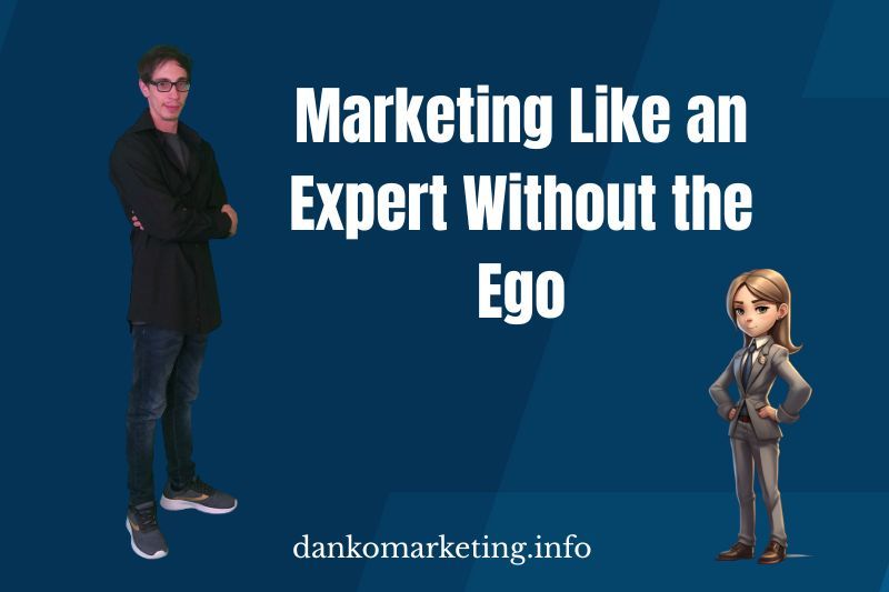 A person stands confidently with arms crossed, alongside a cartoon character in a suit, promoting marketing without ego.