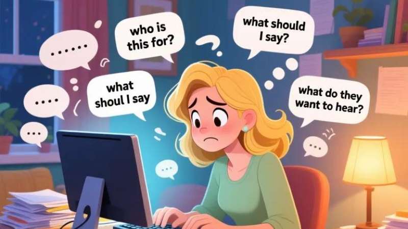 A woman types at her computer, surrounded by thought bubbles asking questions about communication and audience understanding.