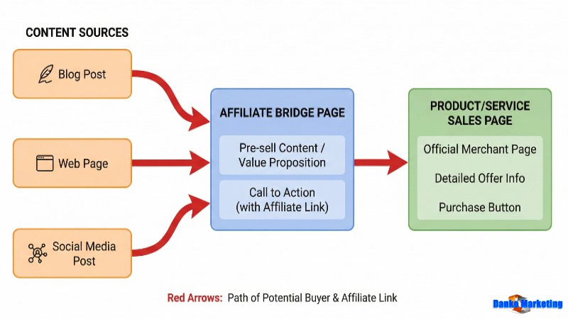 Diagram illustrating content sources—blog posts, web pages, and social media—leading to an affiliate bridge page, then to a product sales page.