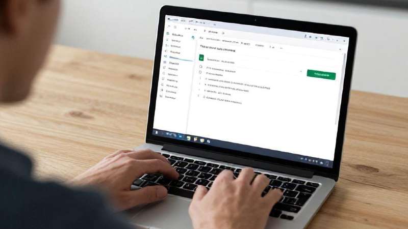 A person types on a laptop, displaying a spreadsheet application on a wooden table.