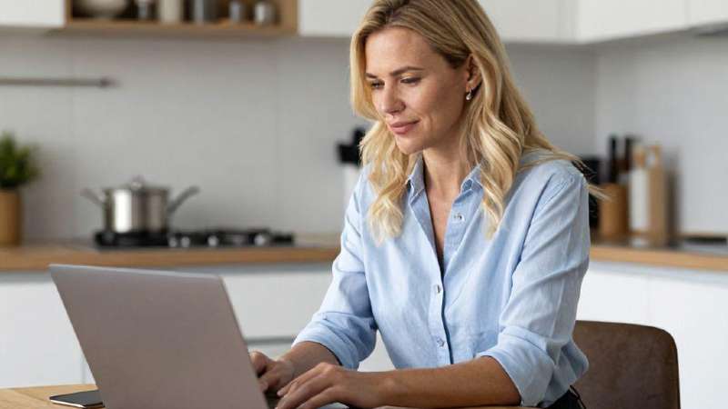 A woman sits at a wooden table working on a laptop, with a modern kitchen in the background.