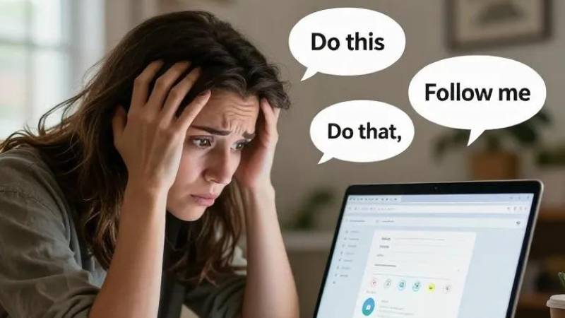 A person sits at a laptop, looking overwhelmed as speech bubbles say, "Do this" and "Do that," suggesting pressure or stress.